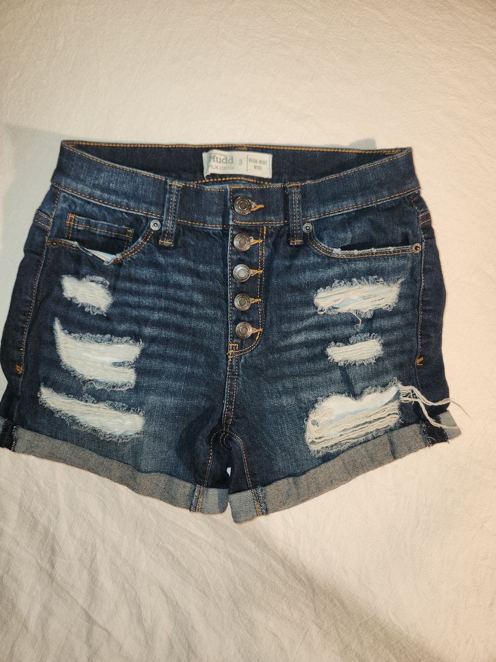Mudd Dark Blue Distressed Button-Fly Denim Shorts